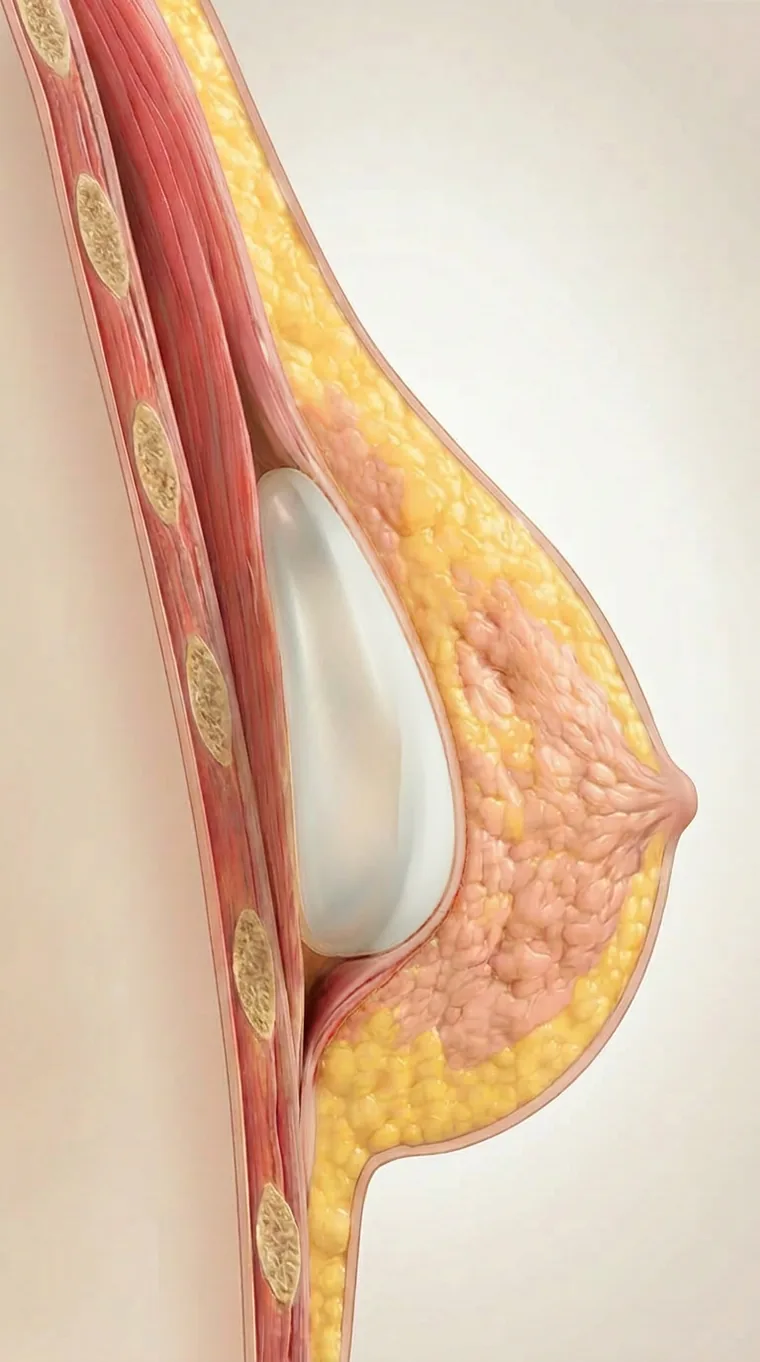 Cross-section of subfascial breast implant placement