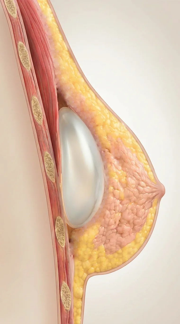 Cross-section showing breast implant placement